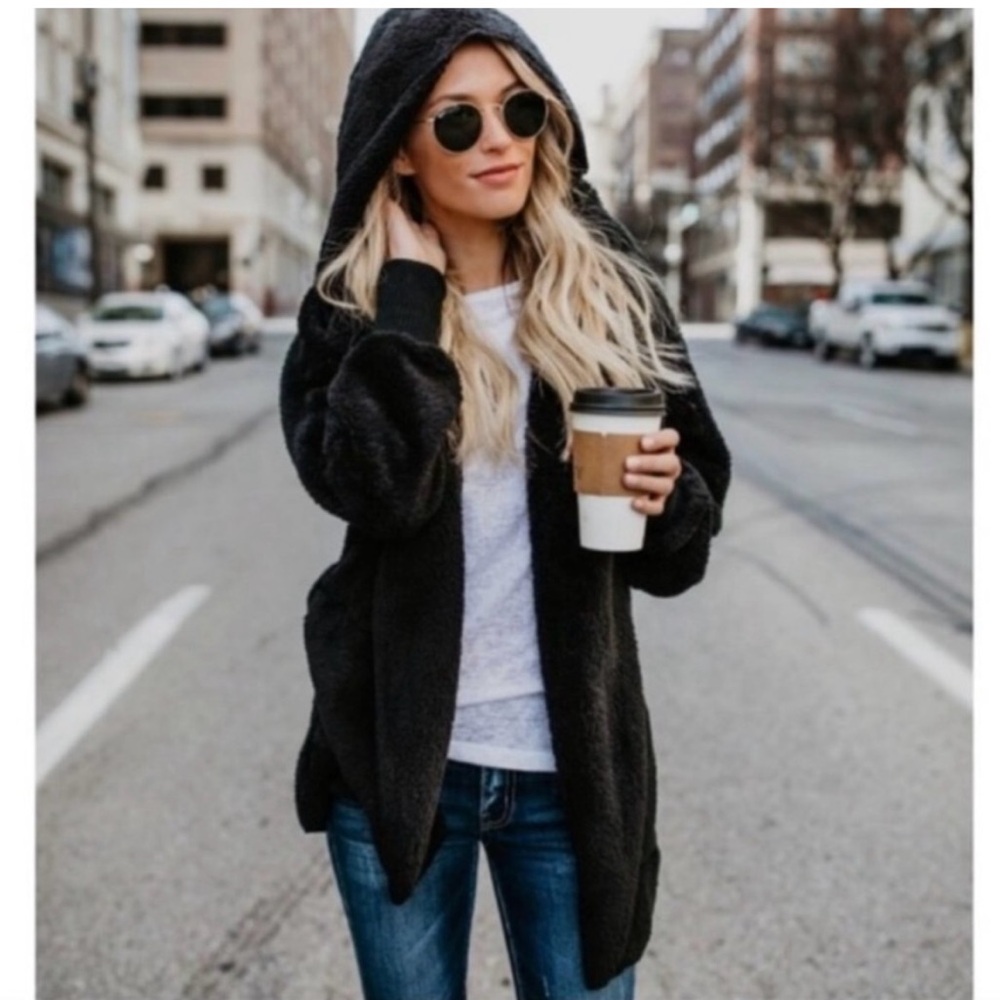 Long Sleeve Hooded Faux Fur Cocoon Jacket with Pockets